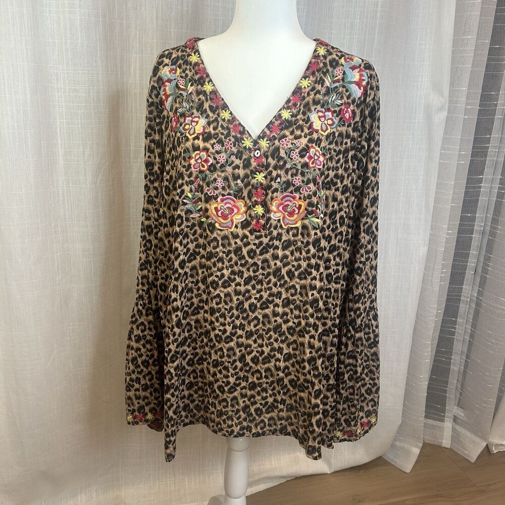 ODDY Women 3XL Top Blouse Long Sleeve Animal Embroidered Peasant Boho Lagenlook